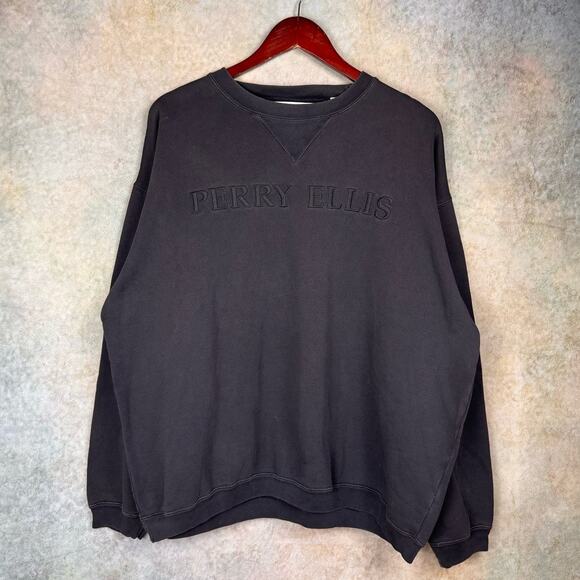 VTG 90s Perry Ellis Crewneck Sweatshirt Sz L Black Pullover Spell Out Logo - Picture 1 of 6